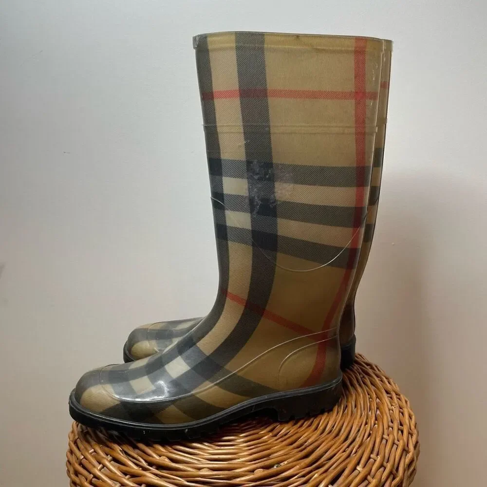 Burberry Rain Boots Waterproof Rubber Nova Check Size 39‎ Plaid Print Outdoor